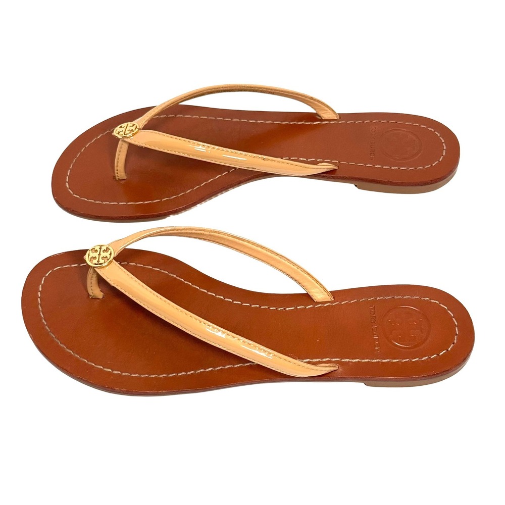 Tory Burch Terra Thong Patent Leather Sandals Nude Gold Logo Flip Flops Flat 7M - Picture 6 of 13